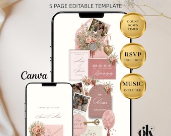 May include: A 5-page editable wedding website template for Canva displayed on two smartphones. The design features dusty rose and gold accents, floral illustrations, a countdown timer, RSVP section, and music integration, with text including Wedding Website, Count Down Timer, RSVP Included, and Music Included.