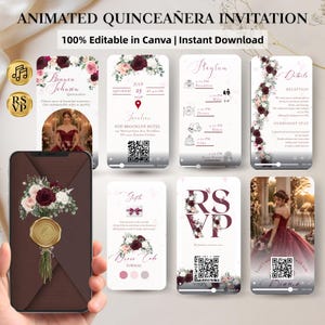 Pode incluir: Um conjunto de modelos de convite animado para Quinceañera com detalhes florais em bordô e rosa. As telas digitais exibem detalhes do evento, programa, informações de RSVP e um código QR, com texto elegante e uma imagem de envelope escuro.