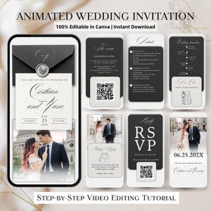 Pode incluir: Modelo de convite de casamento animado em uma tela de smartphone. O design apresenta elementos em preto e branco, incluindo detalhes do evento, informações de RSVP e fotos de um casal. O texto inclui "Animated Wedding Invitation".