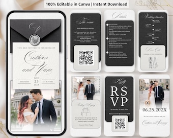 May include: Animated wedding invitation template on a smartphone screen. The design features black and white elements, including event details, RSVP information, and photos of a couple. Text includes "Animated Wedding Invitation" and "100% Editable in Canva | Instant Download."