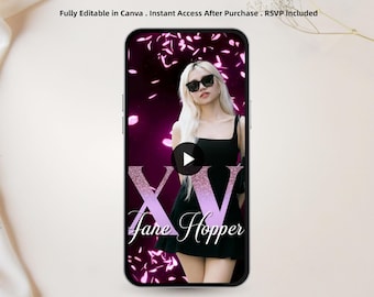 May include: An animated video invitation displayed on a smartphone. The invitation features a woman in a black dress and sunglasses, with the text "XV Jane Hopper" in a glittery font. The background is a dark pink with falling petals. Text at the top reads "ANIMATED VIDEO INVITATION".