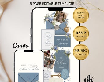 May include: A 5-page editable wedding website template displayed on two smartphones. The design features dusty blue envelopes, floral accents, gold keys, and heart charms. Text includes WEDDING WEBSITE, COUNT DOWN TIMER, RSVP INCLUDED, and MUSIC INCLUDED.