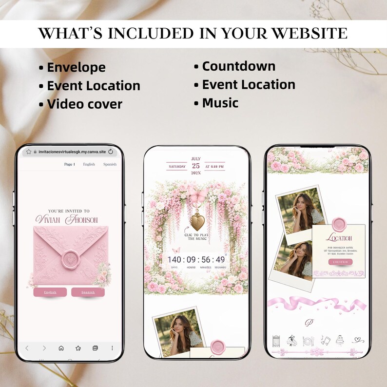 Convite para Quinceañera rosa blush | Modelo para Canva para aniversário de 15 anos (RSVP, contagem regressiva musical) imagem 2