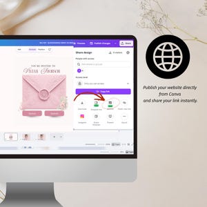 Pode incluir: Um monitor de computador exibindo a interface de design do Canva para um convite de Quinceanera. A tela mostra um gr&aacute;fico de envelope rosa, um menu de compartilhamento de design com uma op&ccedil;&atilde;o de publica&ccedil;&atilde;o de site destacada por uma seta vermelha e o texto Publish your website directly from Canva and share your link instantly.