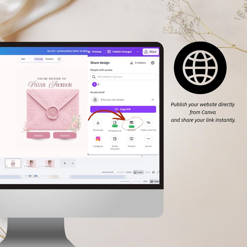 Pode incluir: Um monitor de computador exibindo a interface de design do Canva para um convite de Quinceanera. A tela mostra um gr&aacute;fico de envelope rosa, um menu de compartilhamento de design com uma op&ccedil;&atilde;o de publica&ccedil;&atilde;o de site destacada por uma seta vermelha e o texto Publish your website directly from Canva and share your link instantly.