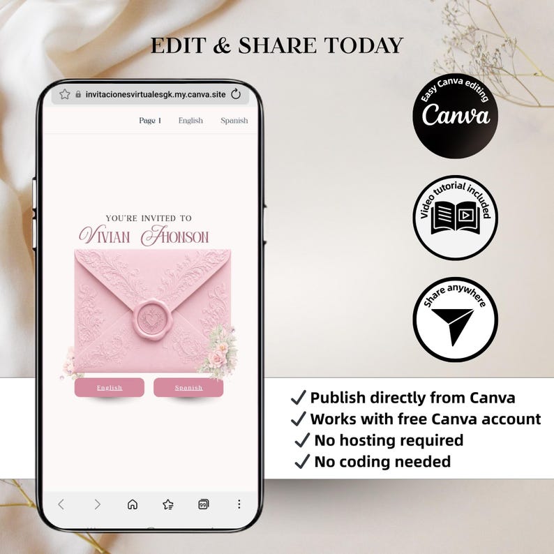 Pode incluir: Uma tela de smartphone exibe um modelo de convite digital com um envelope rosa, um selo de cera e flores. O texto diz EDIT & SHARE TODAY, YOU'RE INVITATION TO VIVIAN THONSON, English, Spanish e bot&otilde;es de sele&ccedil;&atilde;o de idioma.