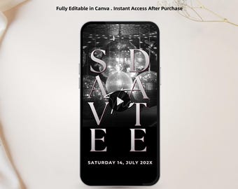 Customizable Animated Black & Silver Save the Date | Quinceañera Mirror Ball Template