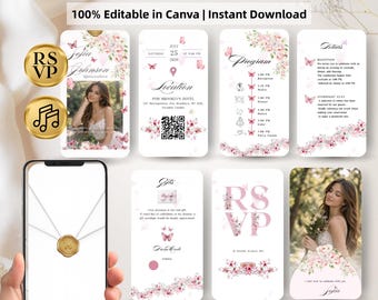 May include: An animated quinceañera invitation design with a floral and butterfly theme. The design includes RSVP and music note icons, event details, and a photo of the quinceañera. Text includes "100% Editable in Canva | Instant Download".