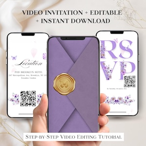 Pode incluir: Três smartphones exibindo um design de convite em vídeo. O telefone central mostra um envelope roxo com um selo dourado. Os outros telefones exibem detalhes de localização e RSVP, com detalhes florais e códigos QR. Texto: Convite em vídeo + Editável + Download instantâneo.