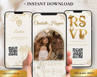 May include: Three smartphones displaying a quinceañera video invitation. The central phone features a woman with a horse, the text "Charlotte Hopper Quinceañera", and the date July 25, 2025. The other phones show location and RSVP details.