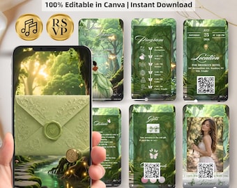 Animated Quinceañera Invitation with RSVP | Green Gold Princess Tiana Canva Template (Digital Download)