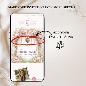 Pode incluir: Uma tela de smartphone exibindo um modelo de convite digital com gr&aacute;ficos florais, um cron&ocirc;metro de contagem regressiva e um &iacute;cone de m&uacute;sica em forma de cora&ccedil;&atilde;o. O texto inclui "MAKE YOUR INVITATION EVEN MORE SPECIAL" e "ADD YOUR FAVORITE SONG".
