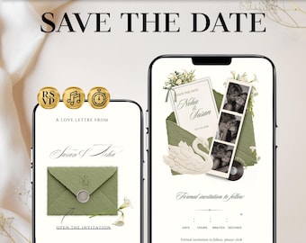 May include: A digital Save the Date invitation template for Canva featuring two smartphone screens. The design includes sage green envelopes, a white swan illustration, a photo strip of a couple, and text reading Save the Date.