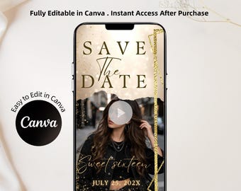 Animated Sweet 16, quinceañera Save the Date Video Invitation | Black Gold Style (Digital Download)