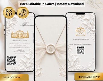 Wedding Video Invitation, Minimalist Ivory and gold Embossed Template, Editable Canva, RSVP QR Code, Digital Invite