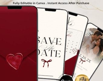 May include: Four smartphones display an animated save the date invitation template. The screens feature a deep red envelope with a heart wax seal, elegant typography, a calendar with a heart on the 20th, and a photograph of a couple.