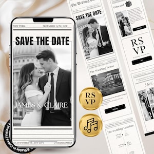 Newspaper Wedding Website Template, Modern, Clickable RSVP (Digital Download)