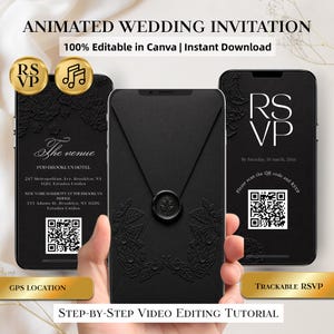 Könnte beinhalten: Eine animierte Hochzeitseinladungsvorlage auf drei Smartphones. Die schwarze digitale Oberfläche zeigt ein Wachssiegel-Grafik, florale Prägungen, QR-Codes für RSVP sowie Veranstaltungsdetails für das Pod Brooklyn Hotel und Marriott.