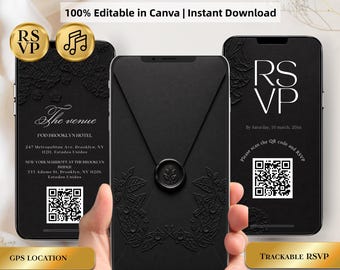 May include: An animated wedding invitation template displayed on three smartphones. The black digital interface features a wax seal graphic, floral embossing, QR codes for RSVP, and venue details for the Pod Brooklyn Hotel and Marriott.