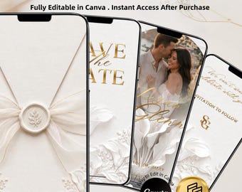 May include: Animated save the date invitation templates displayed on four smartphones. The designs feature cream-colored backgrounds, white floral embossed details, gold text, and a wax seal graphic. Includes a photo of a couple.