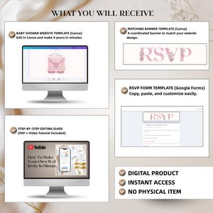 Pode incluir: Um conjunto de modelos digitais de site para ch&aacute; de beb&ecirc;, incluindo um modelo Canva, um banner RSVP correspondente, um modelo de formul&aacute;rio RSVP do Google e um guia de edi&ccedil;&atilde;o passo a passo com tutorial em v&iacute;deo no YouTube.
