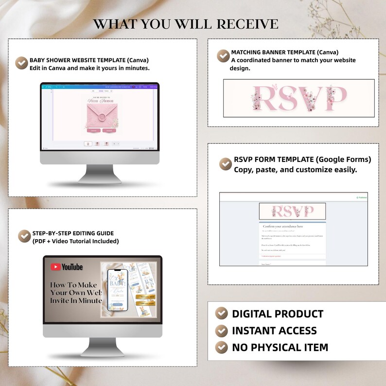 Pode incluir: Um conjunto de modelos digitais de site para ch&aacute; de beb&ecirc;, incluindo um modelo Canva, um banner RSVP correspondente, um modelo de formul&aacute;rio RSVP do Google e um guia de edi&ccedil;&atilde;o passo a passo com tutorial em v&iacute;deo no YouTube.
