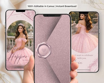 May include: Three smartphones displaying a pink quinceañera video invitation. The design includes a photo of a young woman in a pink gown, a decorative envelope with a heart seal, and the text "Olivia Hopper Quince". The text "Video Invitation" and "Editable" are also visible.