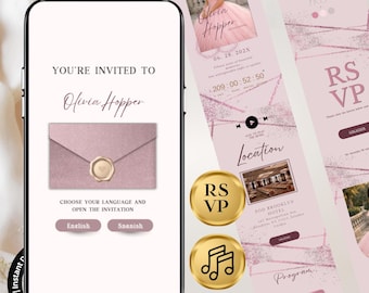 May include: A smartphone displaying a digital invitation for Olivia Hopper with a pink envelope graphic and wax seal. The screen shows language options for English and Spanish. Beside the phone, a vertical layout shows event details, a countdown timer, music player, location, and RSVP buttons in a rose gold glitter theme.