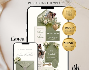 May include: A 5-page editable wedding website template for Canva displayed on two smartphones. The design features sage green accents, floral illustrations, a countdown timer, RSVP and music sections, and text including Wedding Website.