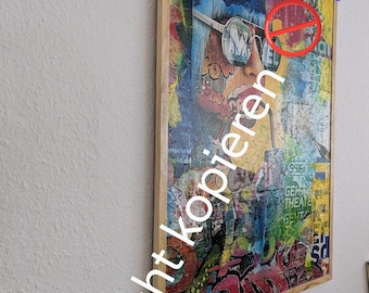 Original Einzelnstück Pop Art Collage 60x80cm, Wandbild handgefertigt, Street Art Mixed Media, Urbanes Kunstwerk bunt, Wanddeko für Büro