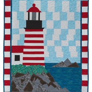 May include: A red and white striped lighthouse with a black roof stands on a rocky shore. The lighthouse is in front of a blue and white checkered background. There are two small islands in the distance.