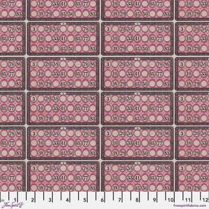May include: A pink and white patterned fabric with a repeating design of bingo cards. Each card has numbers from 3 to 86 and is surrounded by a black border. The fabric is perfect for crafting projects, quilting, and home decor.