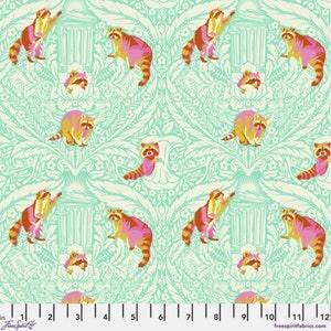 May include: A teal and white fabric with a repeating pattern of raccoons, flowers, and a stylized column. The raccoons are wearing pink and orange clothing and are holding a trash can.