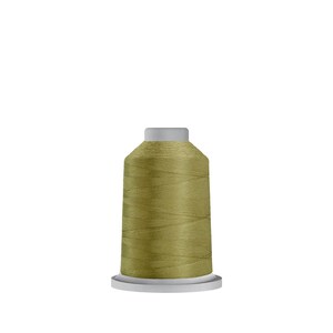 May include: A spool of olive green thread with a white plastic bobbin.