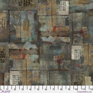 May include: A fabric swatch featuring a dark, distressed collage pattern with overlapping rectangular shapes in shades of charcoal, slate blue, and tan. The design includes weathered textures, faint grid lines, and small black symbols.