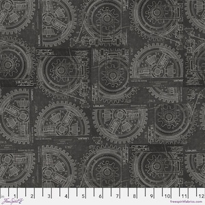 May include: A dark gray fabric with a repeating pattern of white mechanical gears and blueprints. The design includes various gear sizes and detailed technical drawings, creating a steampunk or industrial aesthetic. The fabric has a distressed, aged appearance.