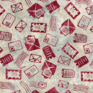 May include: A fabric pattern featuring a repeating design of burgundy-colored envelopes, postcards, and postage stamps on a light blue and white background. The design includes open envelopes with letters, creating a vintage, postal theme.