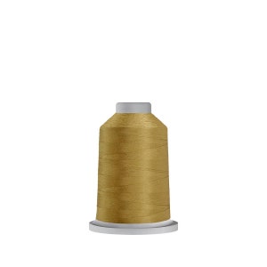 May include: A spool of golden-yellow thread, tightly wound around a white base and a gray top. The thread has a subtle sheen, suggesting a high-quality material. Ideal for sewing, embroidery, or other textile crafts.