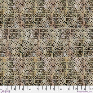 May include: A fabric swatch featuring a repeating pattern of black geometric symbols and vertical lines on a textured tan background. The design includes a white ruler at the bottom edge marked in inches, with the text FreeSpirit and freespiritfabrics.com.