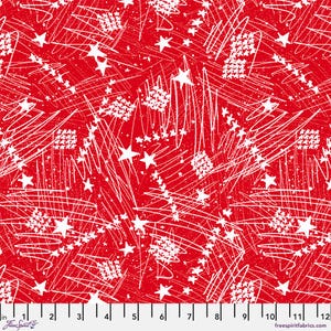 May include: Red fabric with a white abstract design. The pattern includes white stars, scribbles, and clusters of small shapes. The fabric has a speckled texture and a ruler along the bottom edge.
