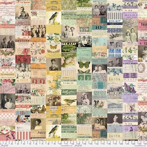 Peut inclure: Un collage d'éphémères vintage, avec des timbres-poste, des illustrations botaniques et des écritures manuscrites. Le design incorpore des couleurs fanées, notamment crème, sarcelle et rose, avec divers éléments textuels et des images de personnes et d'animaux.