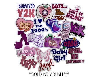 May include: A collection of colorful stickers with Y2K and early 2000s themes. Designs include phrases like "I Survived Y2K", "Angel Baby", and "Don't Be Jealous!" with images of a flip phone, a butterfly, and a platform shoe.