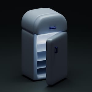 Può includere: Un frigorifero azzurro renderizzato in 3D con la porta socchiusa, che rivela ripiani e illuminazione interna. Il frigorifero ha una parte superiore arrotondata e una maniglia blu scuro. Lo sfondo è grigio scuro.