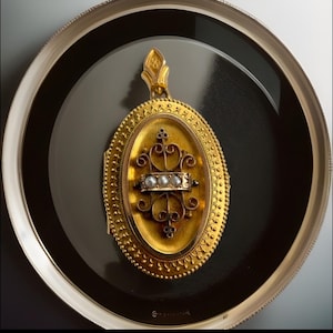 Antique Victorian Etruscan Revival 14k yellow gold and pearl locket