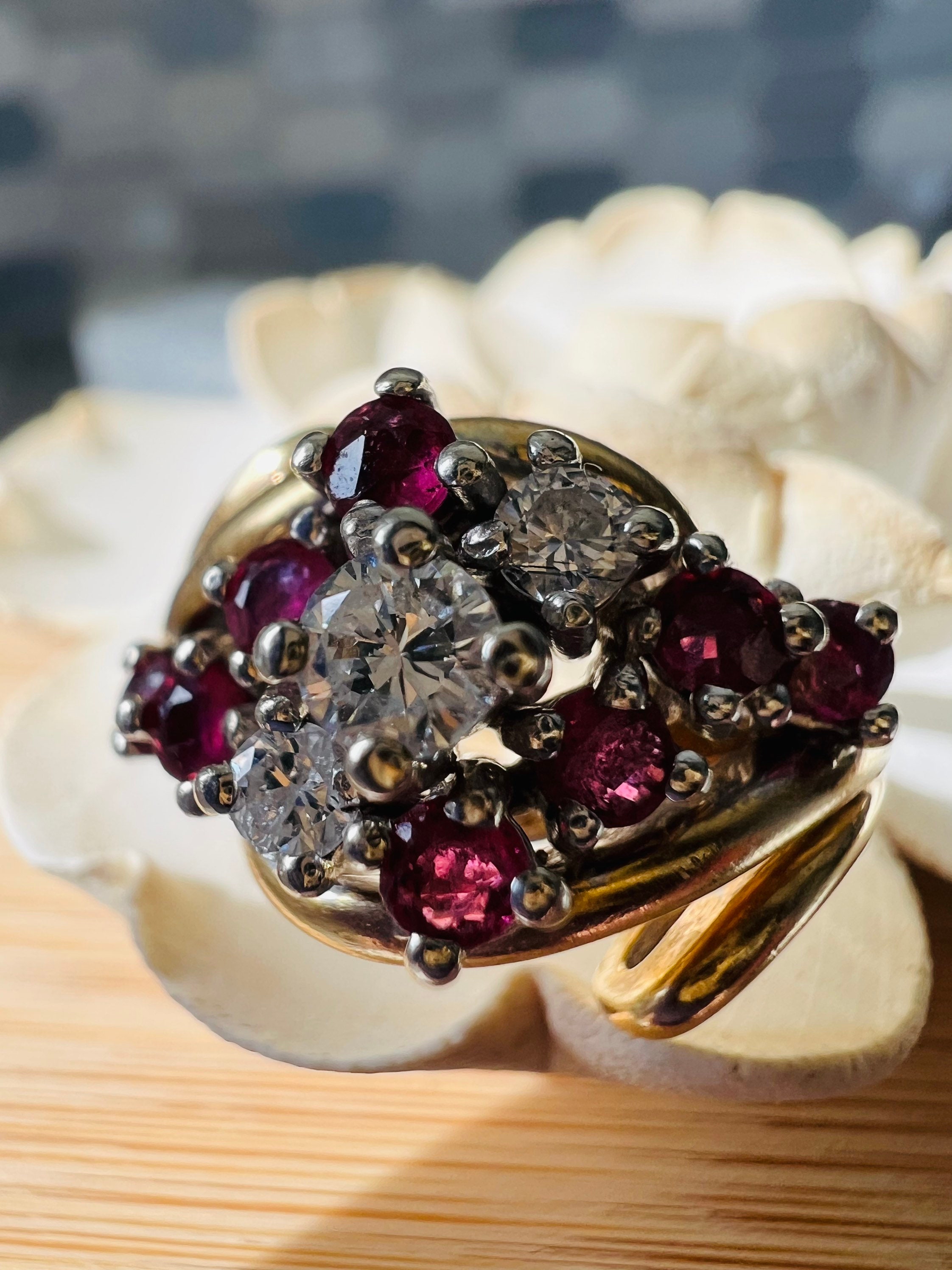 Gorgeous Pave Diamond Ruby Flower Cluster Ring