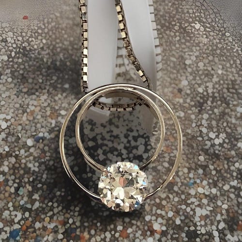 Antique 14k white gold .67ct old European cut diamond abstract modernist solitaire pendant necklace
