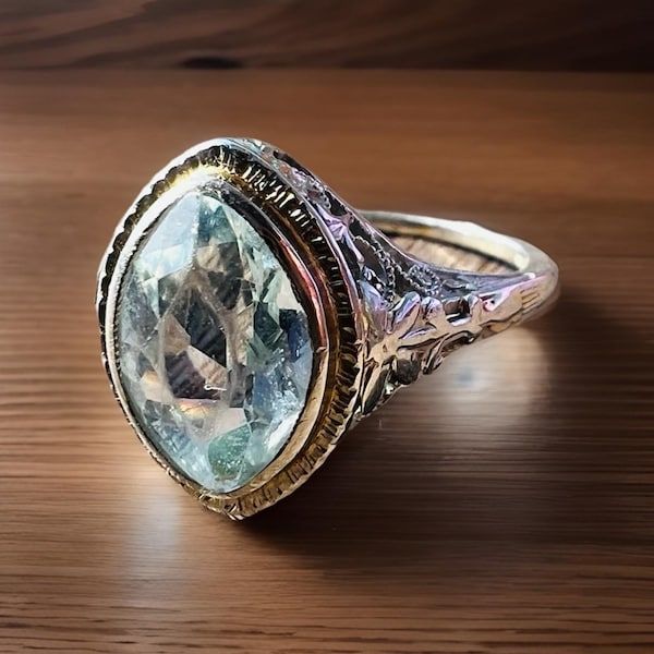 Antique 1920's filigree marquise aquamarine bezel set floral scrollwork ring