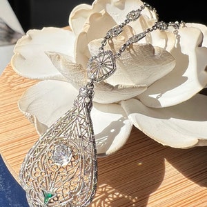 Antique art deco old European cut diamond filigree pendant with beautiful matching fancy link chain