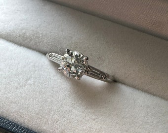 Antique Art Deco Platinum Old European Cut Diamond Baguette Engagement Ring