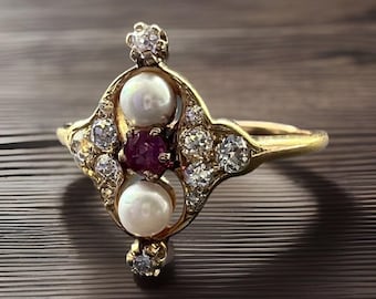 14kt Art Nouveau Pink Sapphire, Pearl And Diamond Ring